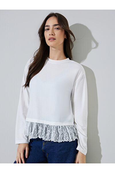 Styli White Solid Lace Details Long Sleeves T-Shirt