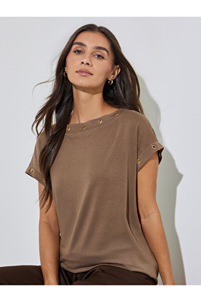 Styli Brown Solid Eyelet Detail Short Cap Sleeves T-Shirt