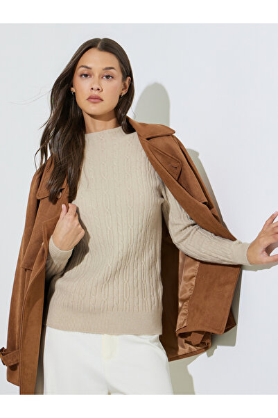 Styli Beige Cable Knit High Neck Long Sleeves Jumper