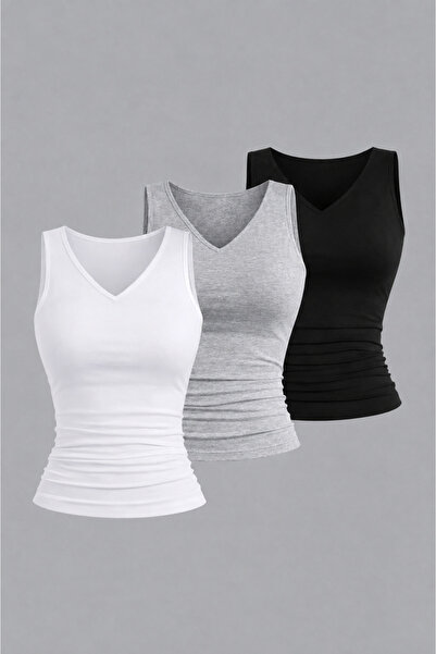 Machetta Women's V Halter Neck Sleeveless 3-Pack Stretch Fabric Blouse