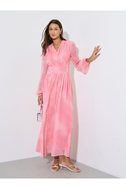 Styli Women Pink Tie-Dye Balloon Sleeve Maxi Dress