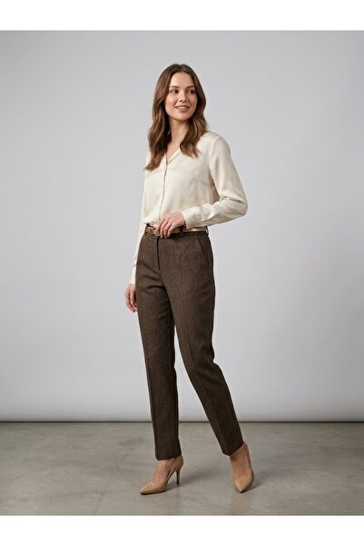 Ekol Herringbone Patterned High Waist Carrot Leg Trousers 4223