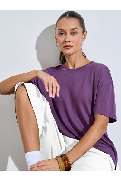 Styli Purple Solid Round Neck Short Sleeves Oversized T-Shirt