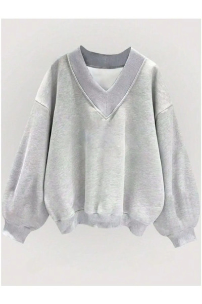 FUWEAR Gri Kadın V Yaka Detaylı Oversize Sweatshirt