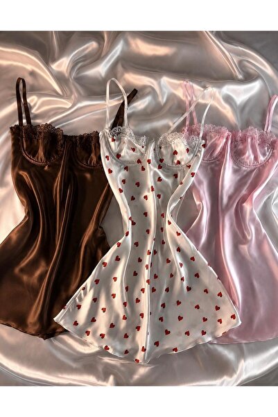 HAMA LOVE Women's Brown White Heart Pink Satin Nightgown