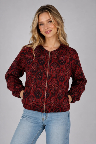 bysoca Women's Red Ethnic Patterned Bomber Jacket Zippered Lined Cashmere Coa...