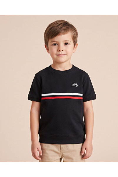 REDTAG تي شيرت أسود للأولاد برقبة دائرية مع تفاصيل مخططة