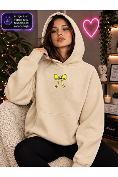 caddekombin Women's Minimal Yellow Ribbon Printed Hooded Kangaroo Pocket Cott...