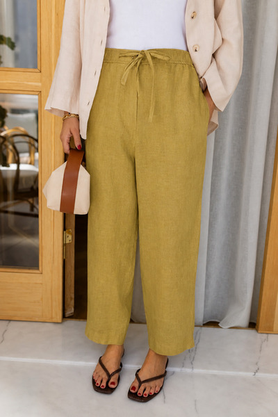 My Blog Oil Green Elastic Waist Single Button Linen Trousers