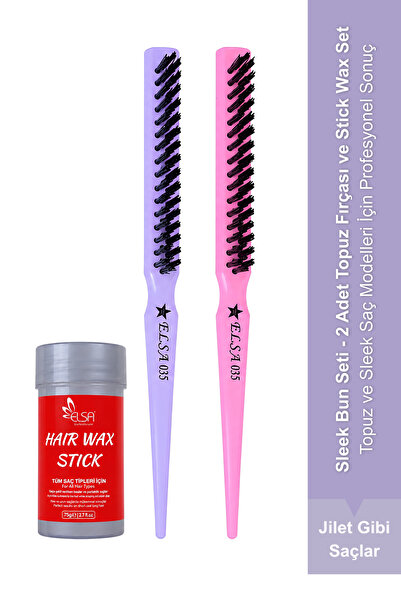 ELSA Set Sleek Bun Topuz - Set cu 2 perii pentru coc și 1 baton de ceară pent...