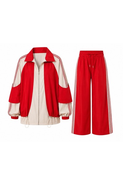 Lavanta Tekstil Shoulder Stripe Embellished Double Suit Set - Red