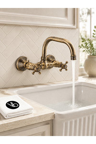 vb vitrinbanyo Koç Series Kitchen Sink Faucet Brushed Antique Brass Body Wall...