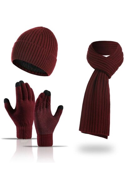 Morvena Picks Set de iarnă din 3 piese tricot roșu intens: pălărie, eșarfă, m...