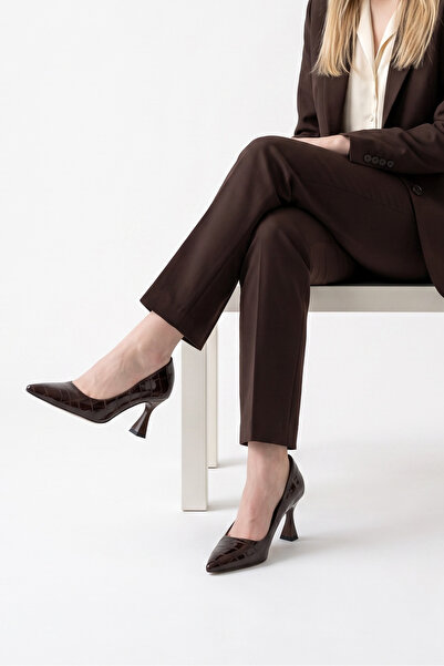 HANZE Women's Stiletto Crocodile Brown Shiny Pointed Toe Medium Heel F701