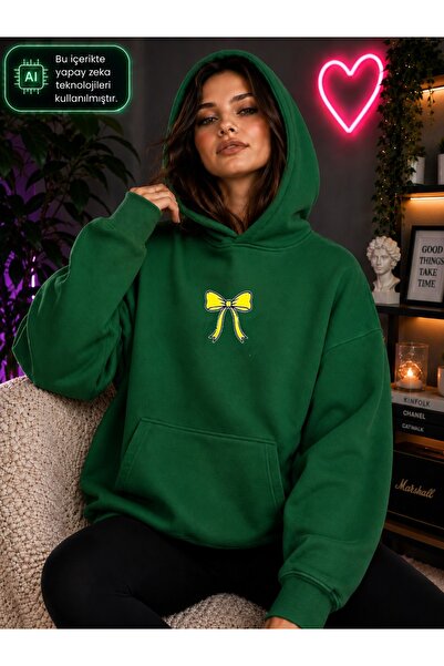 caddekombin Women's Minimal Yellow Ribbon Printed Hooded Kangaroo Pocket Cott...