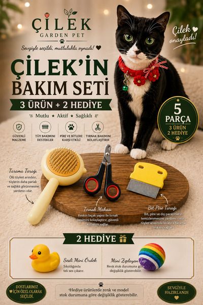 Genel Markalar Çilek Garden Pet 5 Parça Kedi Bakım Seti – Tarama Tarağı, Tırn...