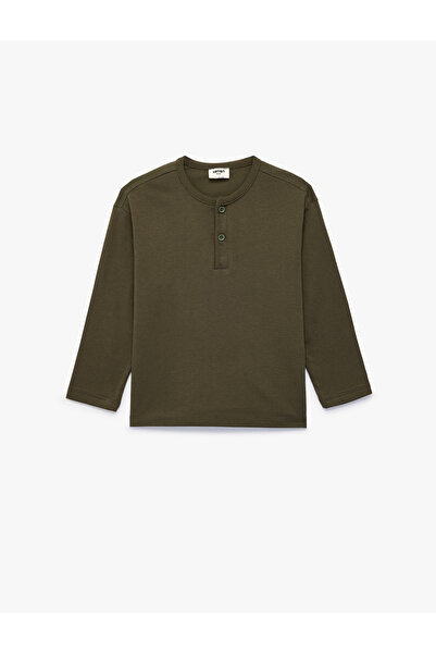 Koton Buttoned Cotton Crew Neck Basic Long Sleeve T-Shirt