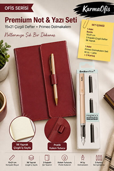 KarmaOfis Burgundy Color 15X21 Pen, 3 Covers, 96 Sheets Lined Notebook and Pr...