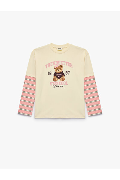 Koton Cotton Crew Neck Printed Color Contrast Long Sleeve T-Shirt