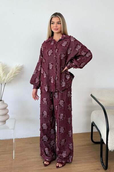 GİYSA Women's Patterned Shirt and Trousers Set Burgundy - 26K 6024