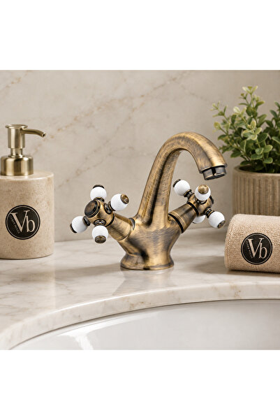 vb vitrinbanyo Kartal Series Sink Faucet Brushed Antique Brass Body with Porc...