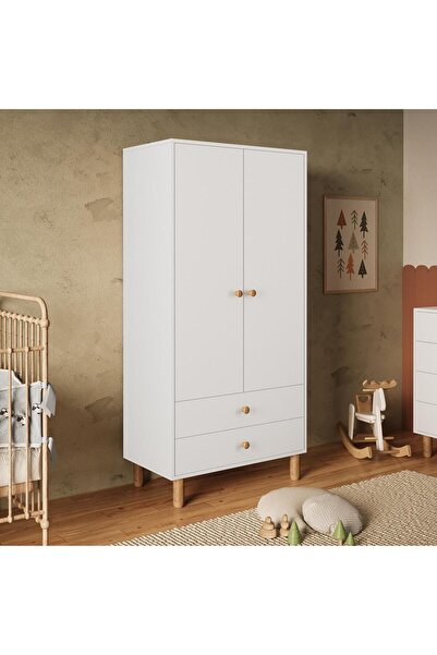 Bimossa KG2040 Bunny Beyaz 80 cm, 2 Kapaklı Gardırop, 2 Çekmeceli Yüksek Ayak...