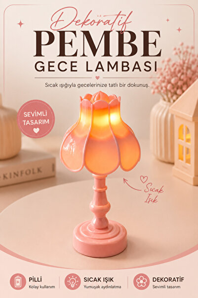 BENT Dekoratif Pembe Çiçek Tasarımlı Pilli Gece Lambası Sıcak Işık Kablosuz M...