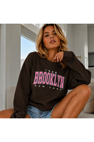 BW Bravely Wear 1898 BROOKLYN Hanorac oversize cu imprimeu pentru femei, cu 3...