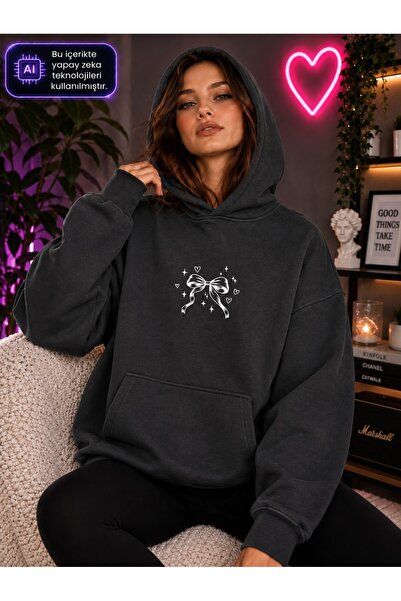 caddekombin Women's Heart and Star Detailed White Ribbon Printed Hooded Kanga...
