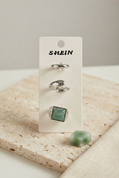 Lisinya Silver Color Brass 3-Piece Vintage Women's Ring Combination with Gree...