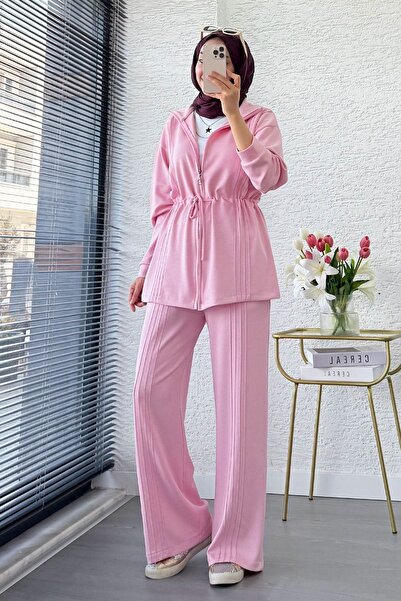 Moda Aydın Butik Drawstring Waist Zippered Top and Bottom Set - Pink