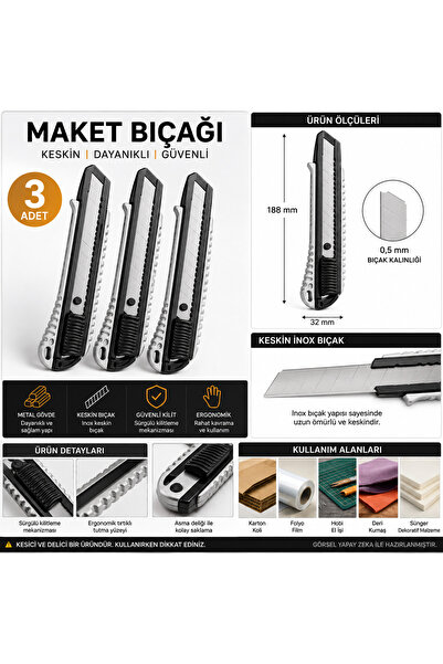 Genel Markalar 3'lü Metal Maket Bıçağı Falçata 188 mm 0,5 mm İnox Keskin Bıçak