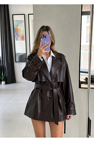 Ekim Store Leather Belted Buttoned Trench Coat