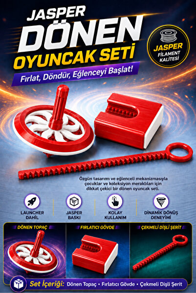 JASPER Kırmızı Beyaz Renkli Dönen Topaç Oyuncak Seti – Çekmeli Dişli Mekanizm...