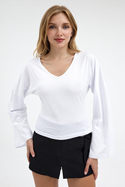 COMBİNE MİCHAİL Women's V-Neck Long Sleeve Slim Fit White Blouse