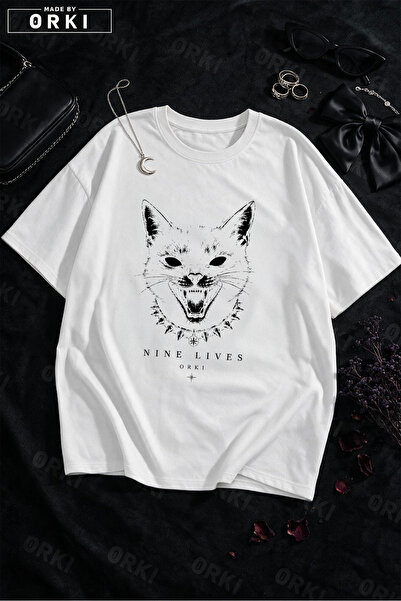 EFFRENATU Tricou oversize unisex alb cu imprimeu pisică gotică și guler înțep...