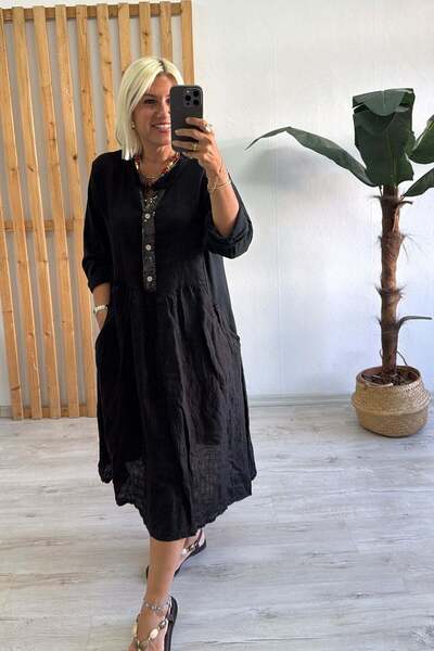 By Esra Celkan Black half button sequin detailed jersey garnished linen dress