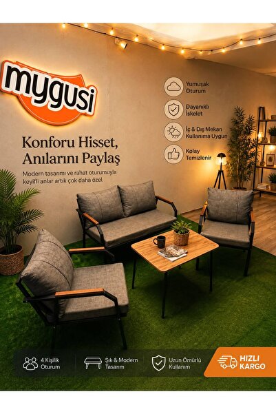 Mygusi Erva Serisi Balkon, Bahçe, Cafe - Metal Kanepe Koltuk Takımı - 211 40*70 Sehpalı - Kahverengi
