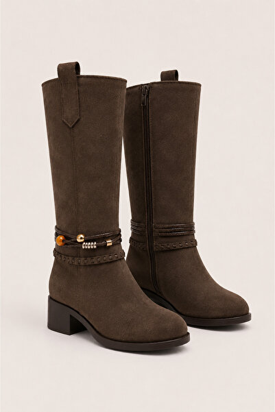 Solo Bag Women's Brown Suede Casual Boots with Belt and Bead Detail