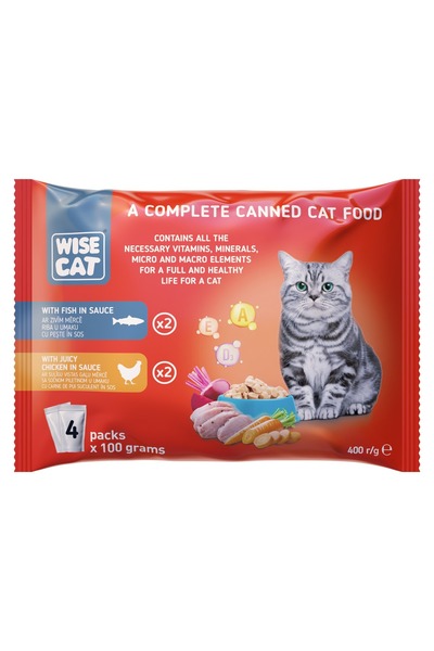 Wise Cat Υγρή τροφή γάτας με ψάρι και κοτόπουλο σε σάλτσα 4 τεμάχια 100γρ/σακ...