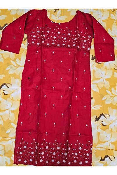 Generic Women's Red Cotton churidar Dress with Sequin Embellishments, Long Sleeves