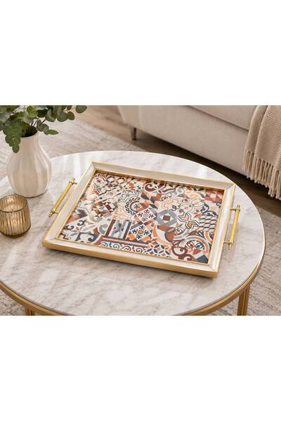 618 CONCEPT Mosaic Elegance Geometric Patterned Glass Tray with Handle 42X30