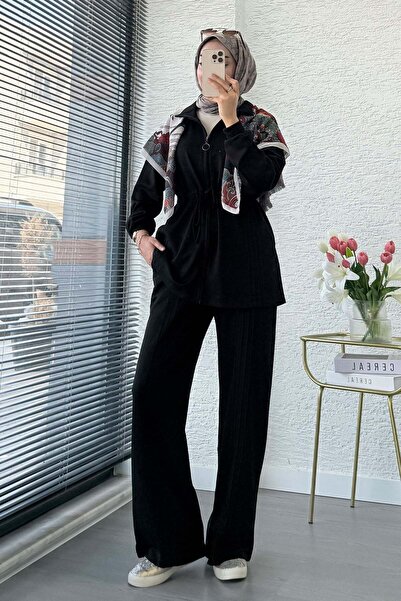 MELEK ARAZ Premium Drawstring Waist Cima Detail Double Face Trousers Set - Black