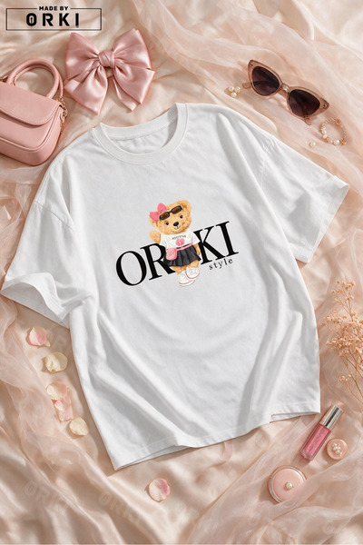 EFFRENATU Bela unisex majica prevelikog kroja sa naočarima i trakom, sa otisk...