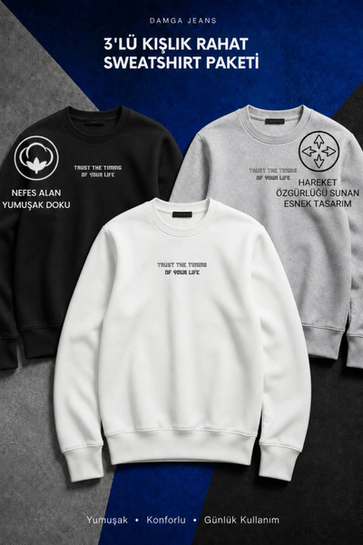 DAMGA JEANS 3 Pieces Men's Long Sleeve Printed Cotton Sweatshirt