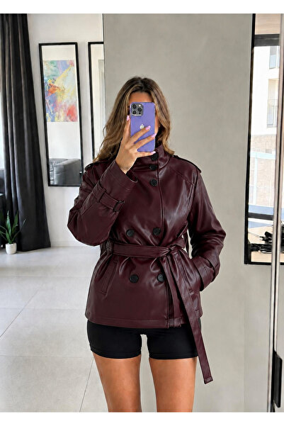 Ekim Store High Collar Double-Breasted Buttoned Leather Trench Jacket