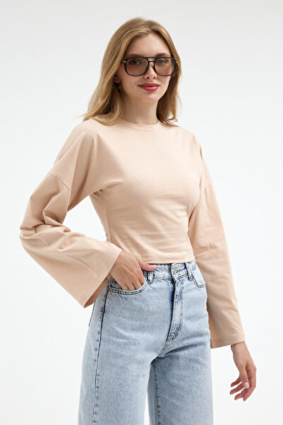 COMBİNE MİCHAİL Women's Basic Wide Sleeve Beige Crop Blouse