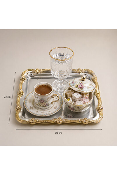 Zigana 6'lı Lüks Aynalı Kahve Sunum Tepsisi 23x23 cm Altın Çerçeveli Çelik Ka...
