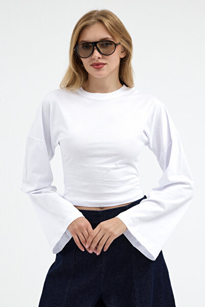 COMBİNE MİCHAİL Women's Basic Wide Sleeve White Crop Blouse