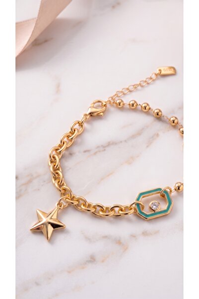 Lune Design Gold Color Turquoise Enamel Star Figured Zircon Stone Non-Tarnish...
